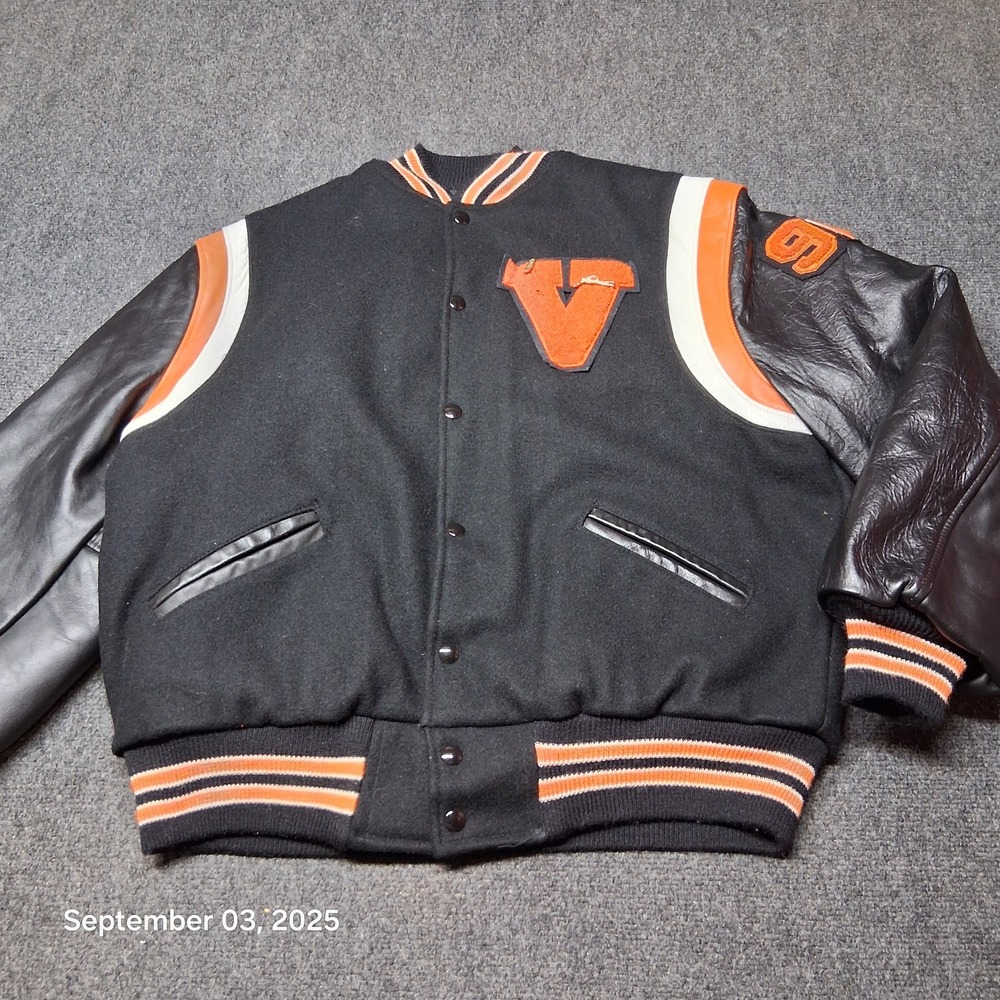 VTG Trophy Varsity Jacket Meca Sportswear 1996 Black Orange Leather Wool 96‎ EUC